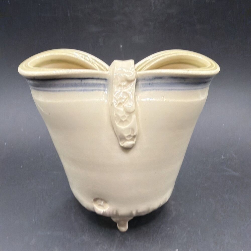 Vintage Art Pottery Vase Ivory & Blue 4” Tall Asian Marking